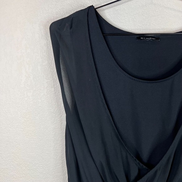 H by Halston Black Jet Set Jersey Dress Sleeveless with Draped Chiffon Overlay - Picture 2 of 13